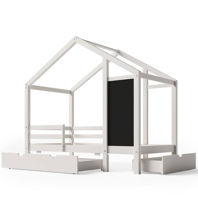Twin House Bed with Blackboard, Drawers, and Three-Sided Protective Rails, White