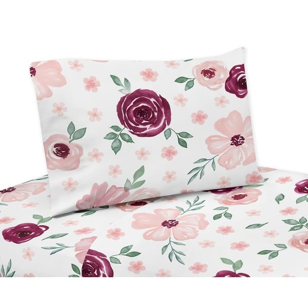 slide 2 of 2, Burgundy and Pink Watercolor Floral 3-piece Twin Sheet Set - Blush Maroon Wine Rose Green and White Shabby Chic Flower Farmhouse