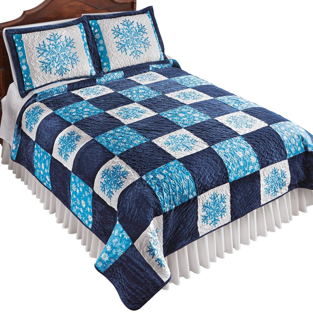 Velvet Navy Blue Patchwork Snowflake Quilt