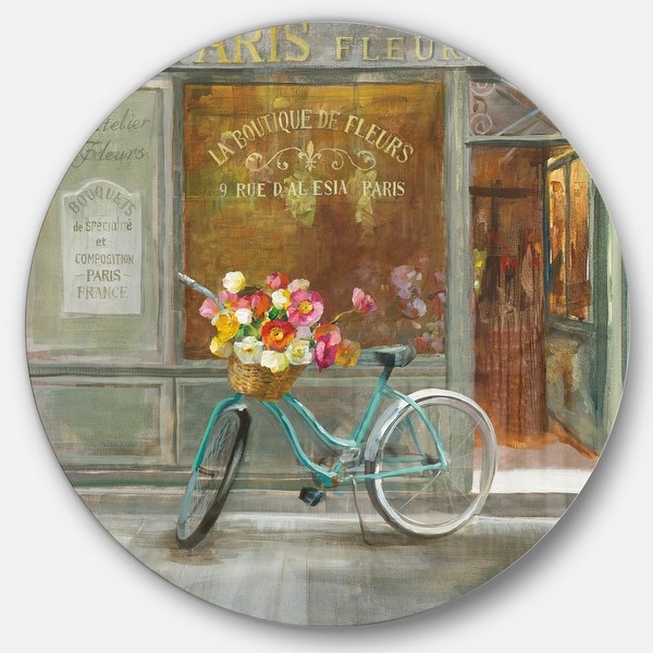 slide 2 of 9, Designart 'Paris French Flowershop ' French Country Metal Circle Wall Art 11 x 11 - disc of 11 inch