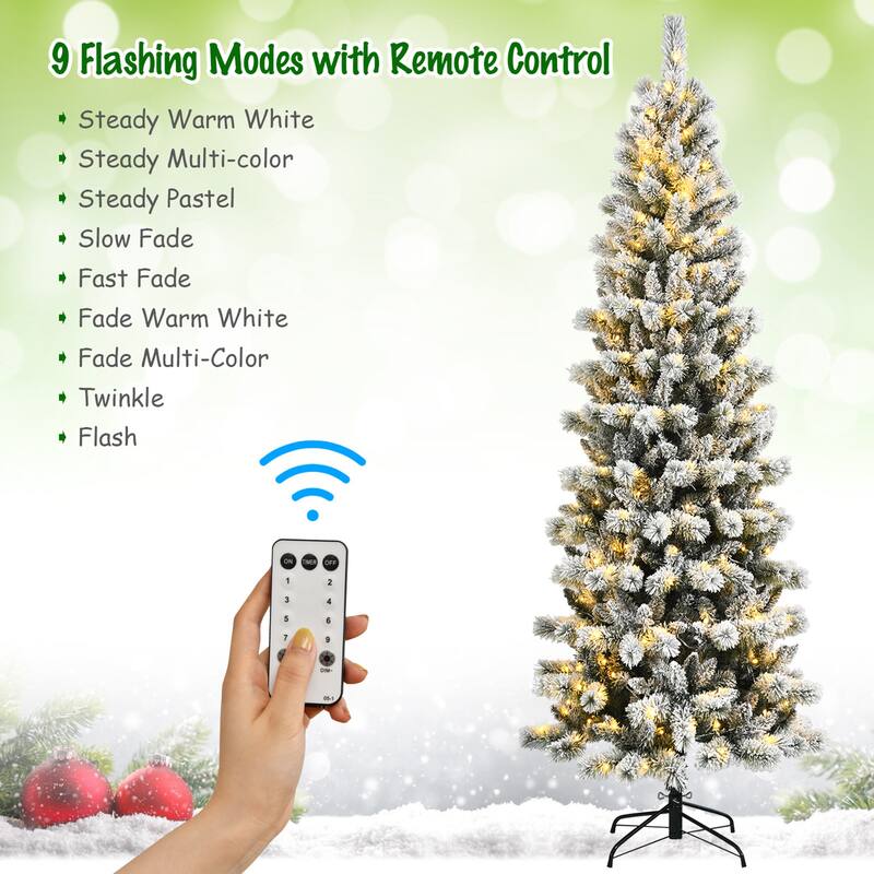 Gymax 5/6/7.5/8 ft Pre-lit Snow Flocked Artificial Christmas Tree w/