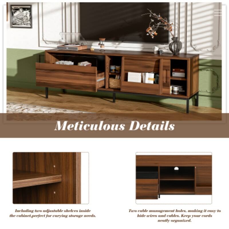 70.8" Modern TV Stand for 75 Inch TVs, Mid Century Media Console with Sliding Doors, Adjustable Shelves and Metal Frame