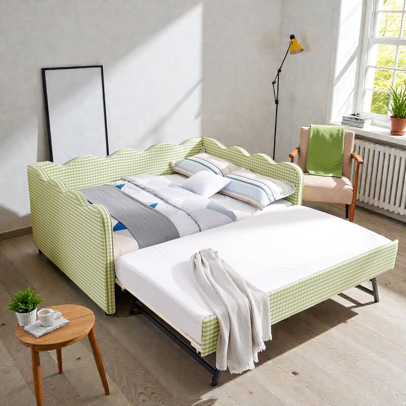 Full Size Gingham Daybed with Twin Trundle, Linen Sofa Bed with USB Port and Wave Shaped Design