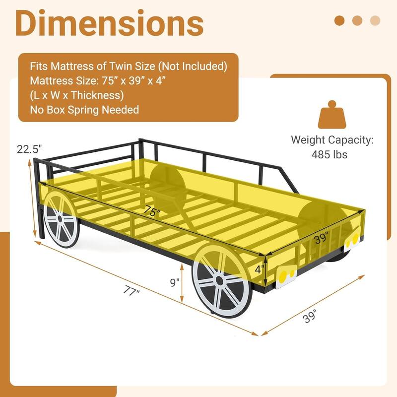 Twin Metal Bed Frames Toddler Race Car-Shaped Bed Platform w/Wheels