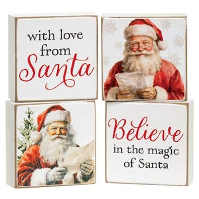 Christmas Themed Rustic Wood Blocks Festive Santa and Seasonal Quote Decorations 4 Asstd. - 2" H x 2" W x .75" D