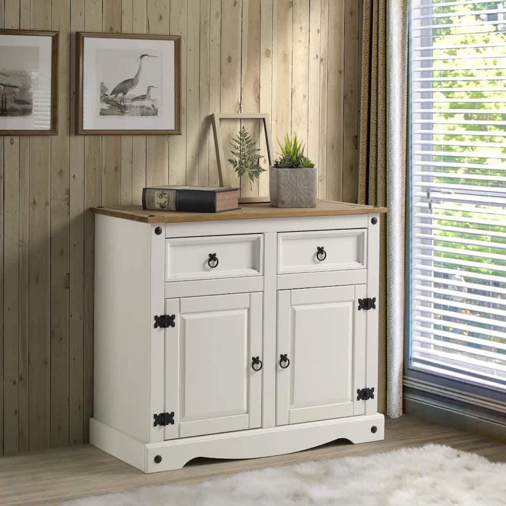 OS Home and Office Furniture Model COW915 Cottage Series Wood Buffet Sideboard in Distressed White