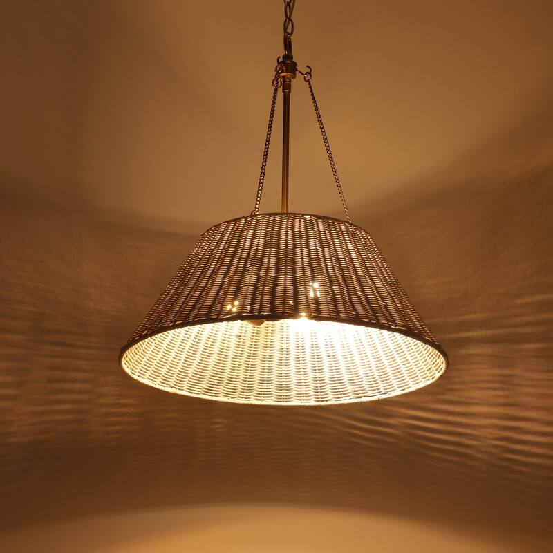 Farmhouse Chandelier 22" 3-Light Brass White Rattan Shade