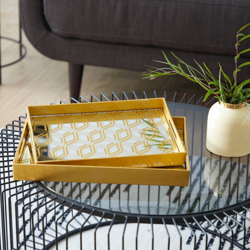 CosmoLiving by Cosmopolitan Gold Plastic Mirrored Geometric Living Room Decor Tray (Set of 2) - S/2 14", 16"W