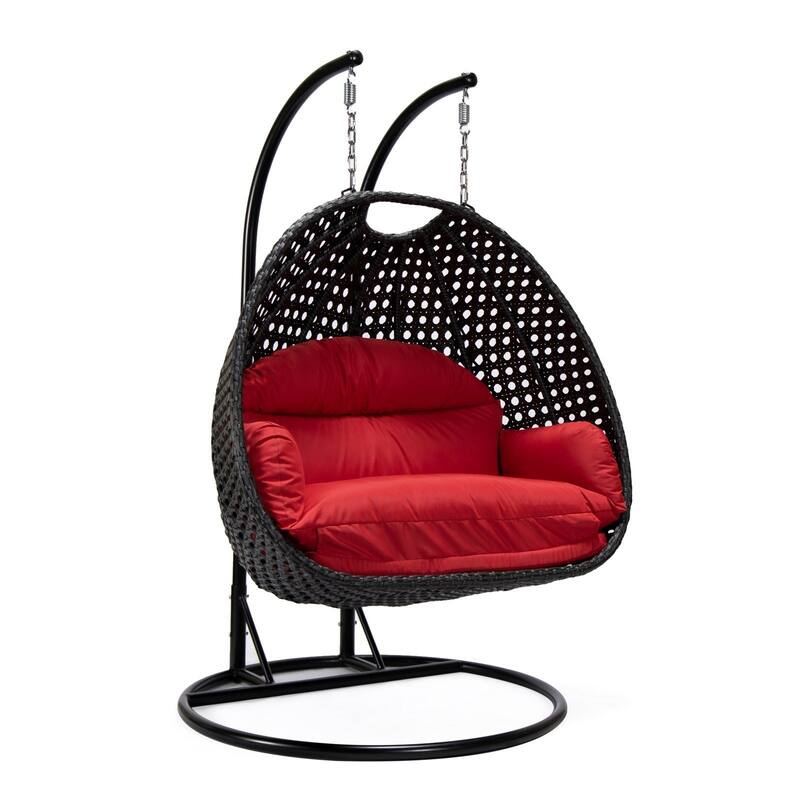 Patio 2-Person Hanging Egg Swing Chair Charcoal Wicker and Iron Frame Breathable Removable Cushion Covers by LeisureMod - Red