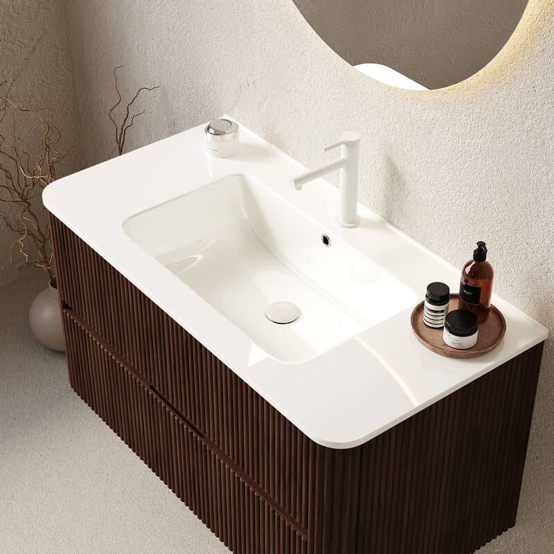 GDFStudio - Noor Modern Floating Bathroom Vanity with Dual Drawers & White Ceramic Basin, WITHOUT Faucet
