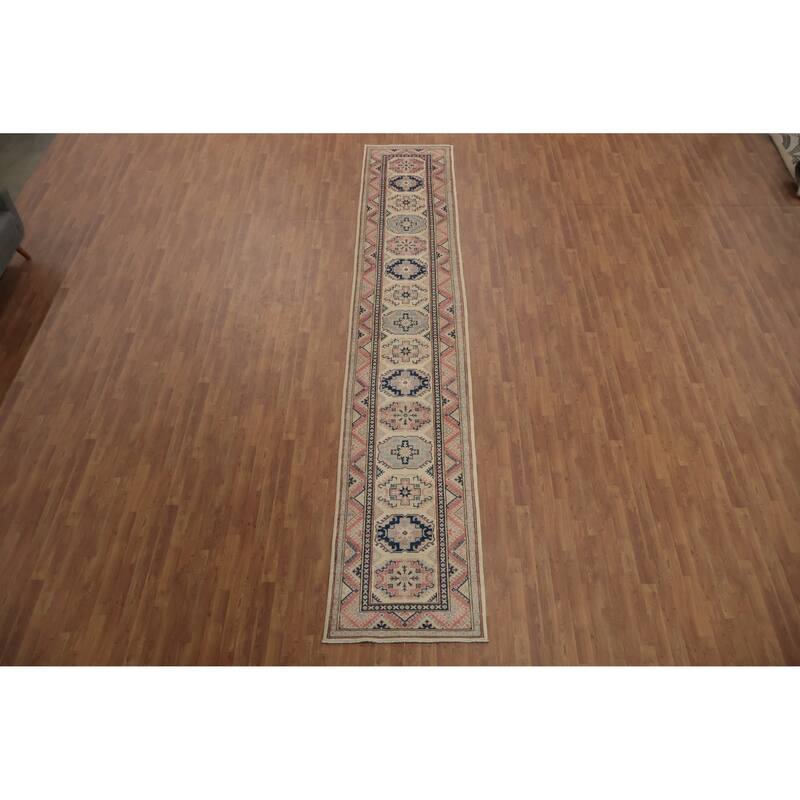 Hand Knotted Oriental 100% Wool Carpet Traditional Geometric Beige & Ivories Kazak Runner Rug - 16' 4'' X 2' 11''