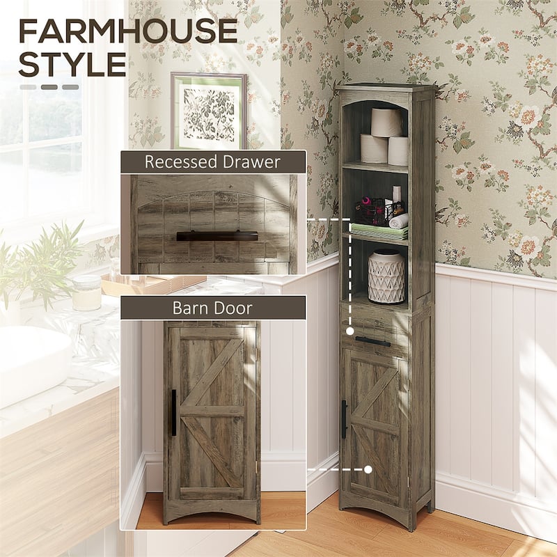 Weathered Grey Oak MDF Tall Bathroom Cabinet with Barn Door and Drawer - 13.4" L x 9.4" W x 66.9" H