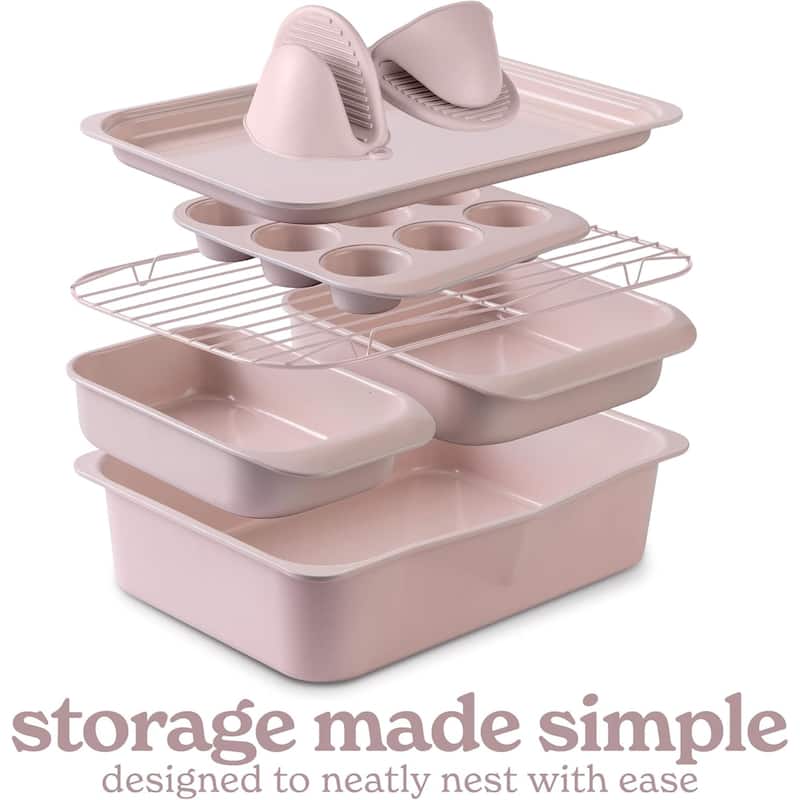 Country Kitchen 8-Piece Bakeware Set, Nonstick Baking Pans & Nesting Baking Sheets, Durable Steel, Grey