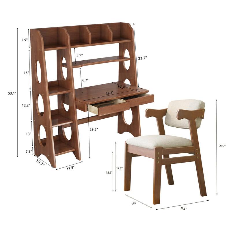 Wooden Kids Study Desk and Chair Set with Bookshelf and Storage Drawer