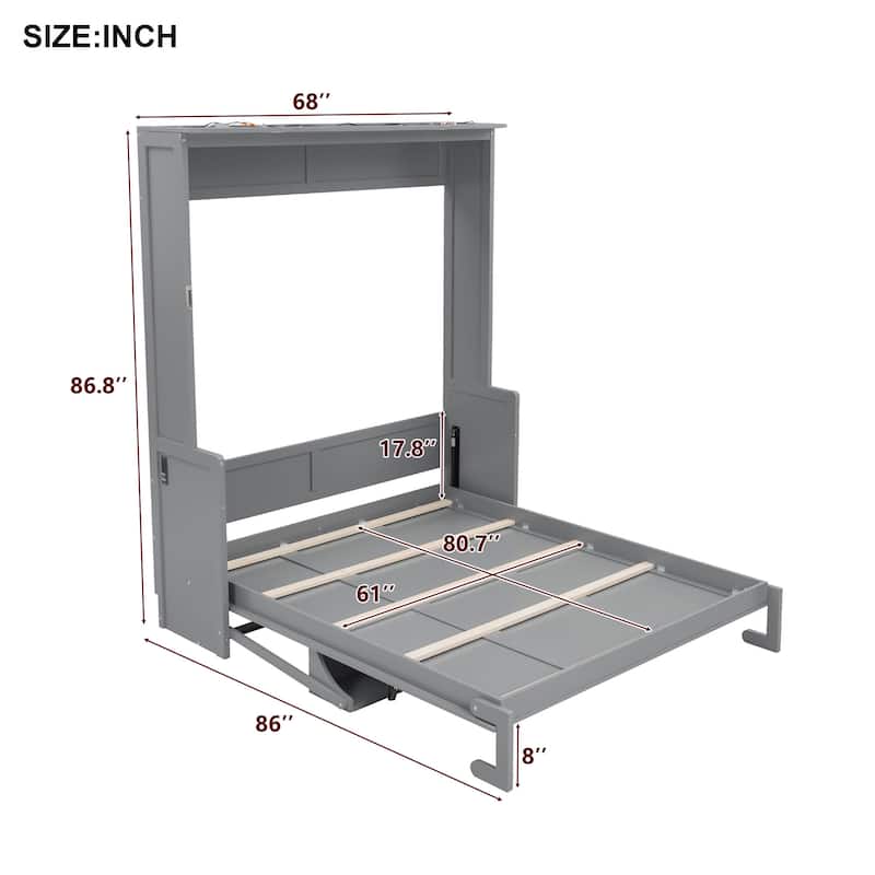 Queen Murphy Wall Bed with Desk, LED Lights & USB, Dual-Piston Lift, 600 lb Capacity, 6-8 in Mattress, No Box Spring
