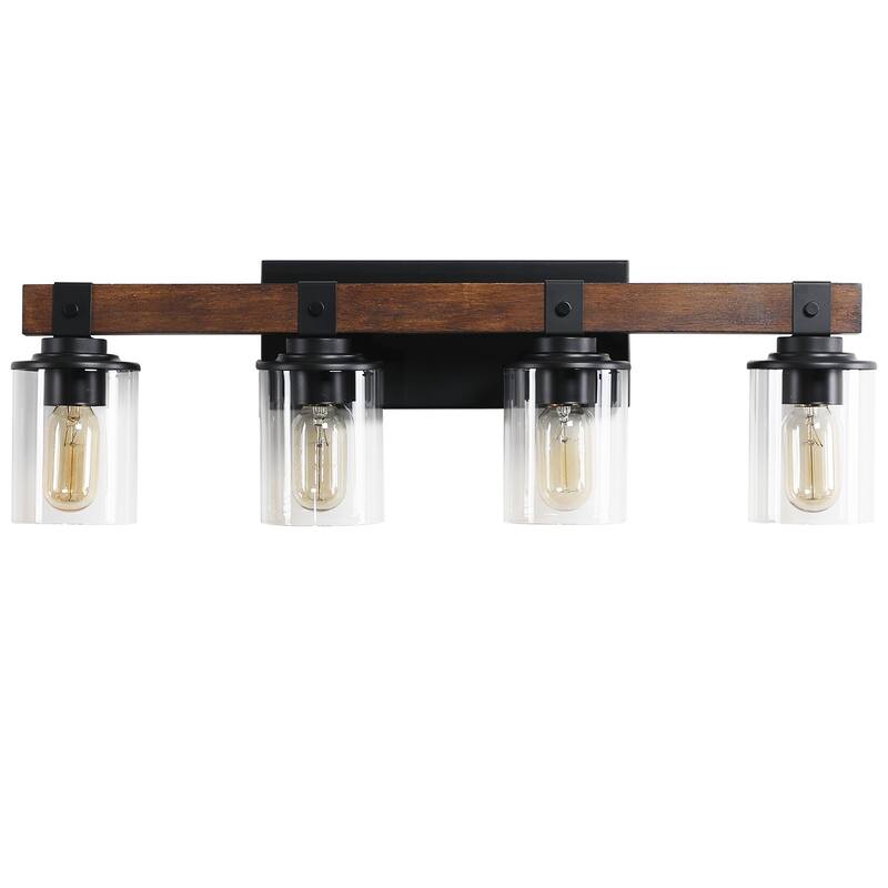 27" Rustic 4-Light Vanity Light, Industrial Bathroom Wall Sconce with Glass Shades and Wood Accent (No Bulbs) - Walnut