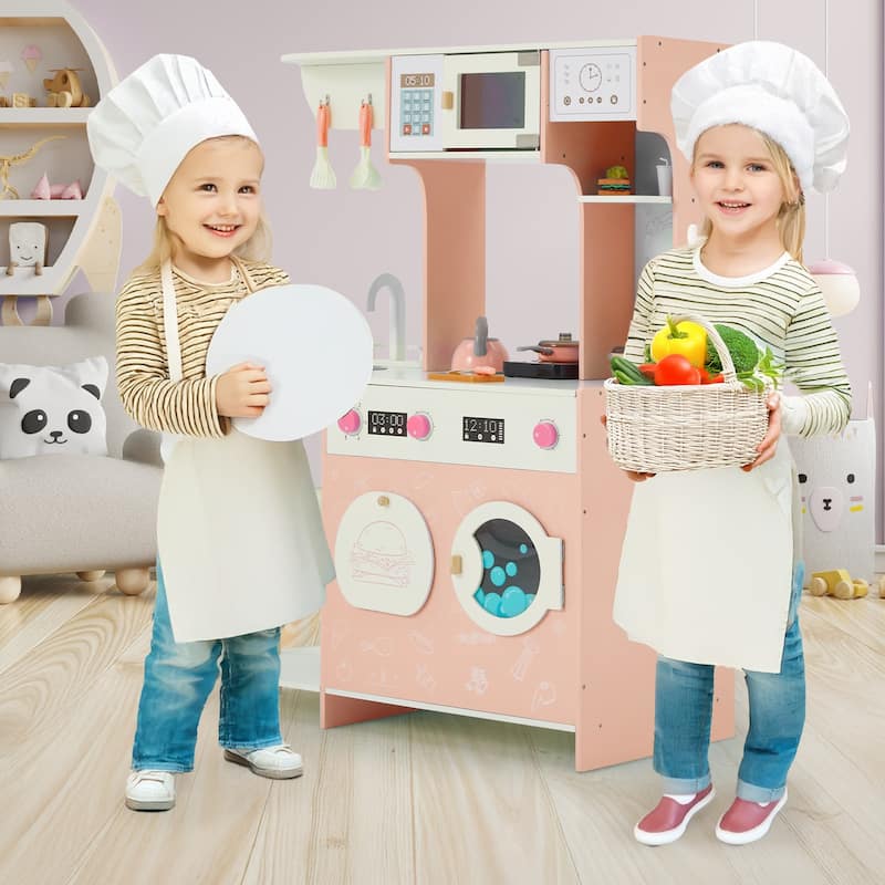 Wooden Play Kitchen Set for Kids, Pretend Cooking Toy, Interactive Kitchen Playset