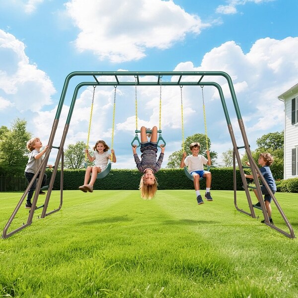 Hapfan Heavy Duty Metal Swing Sets with Monkey Bars, 2 Belt Swings