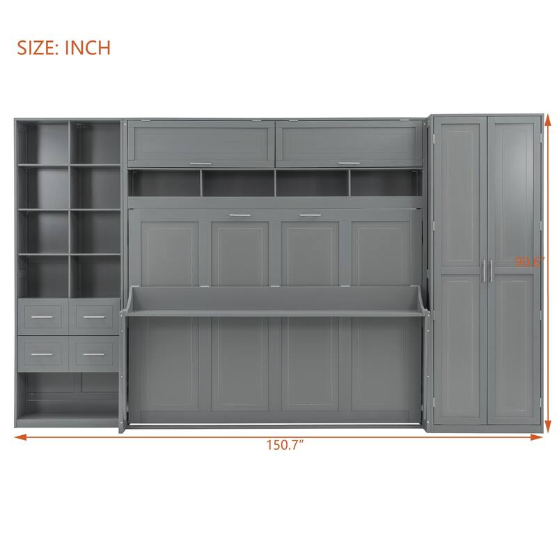 Queen Size Murphy Bed Wall Bed with Closet , Drawers and Shelves