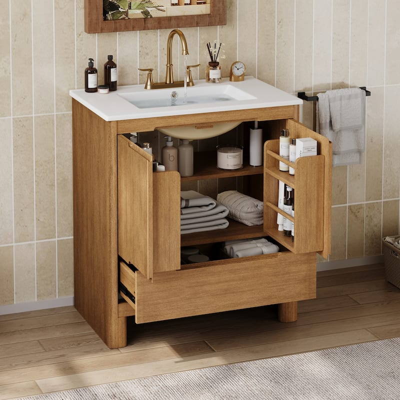 Christopher Knight Home - Harlow Modern 30" Bathroom Vanity with Ceramic Sink, Soft-Close Doors & Drawer, Adjustable Shelf