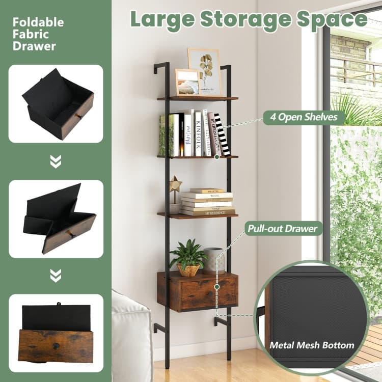 Rustic Brown Engineered Wood Ladder Bookshelf with Metal Drawer - Rustic Brown