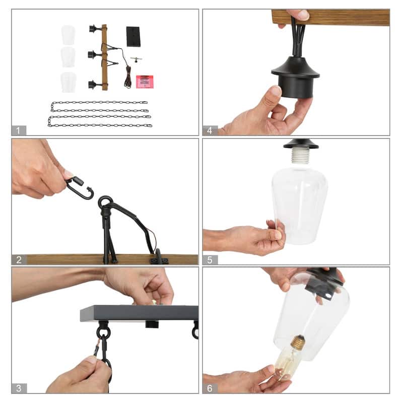 Zarbel Modern Farmhouse Glass Linear Chandelier Rustic 3-Light Black Metal Small Kitchen Island Lights