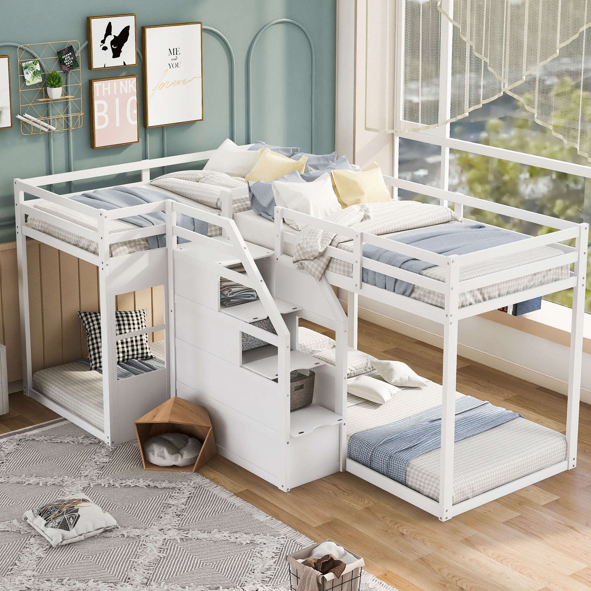Quad Twin L Shaped Bunk Bed with Storage Stairs Bed Bath