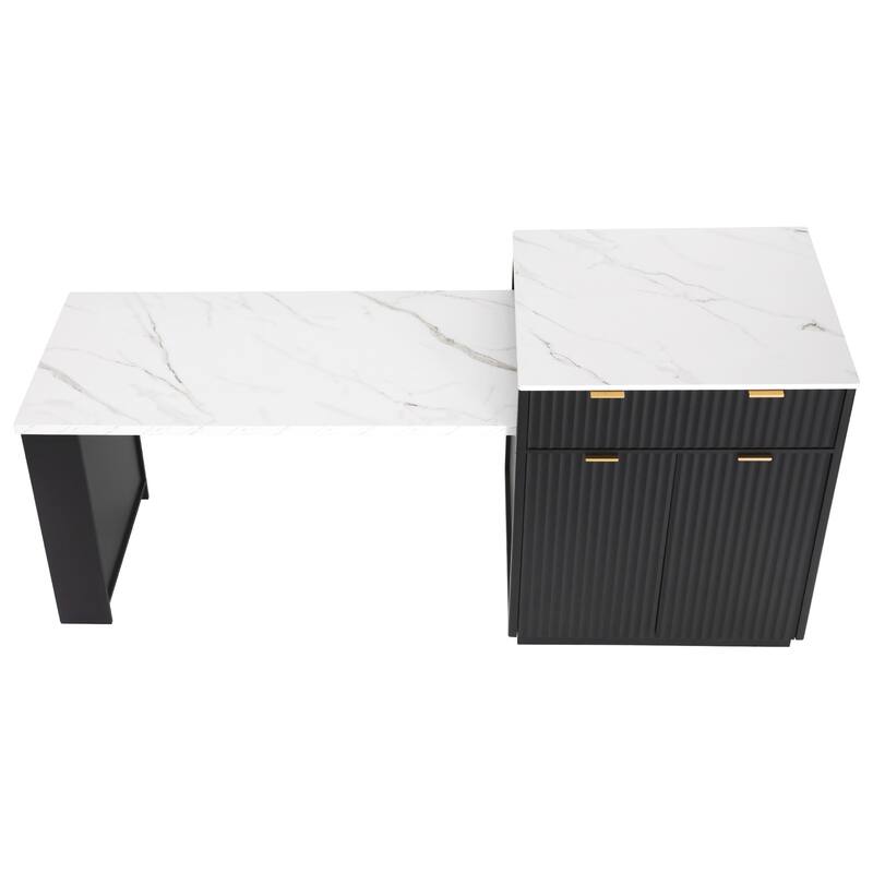 Fluted Kitchen Island with Extendable Dining Table, Power Outlet, Double Side Storage, 2 Drawers and 2 Side Open Shelves