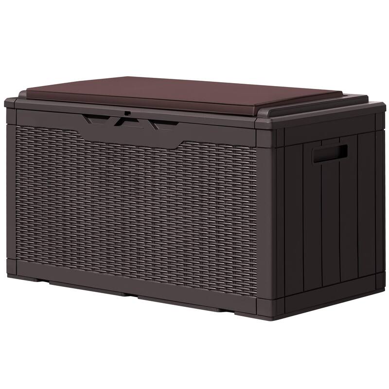 100 Gallon Resin Deck Box with Cushion,Outdoor Weatherproof Large Storage Box,Lockable Storage Container for Patio Furniture - Brown