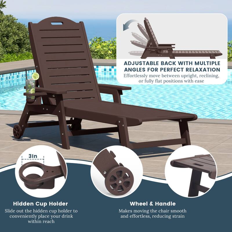 Brighton Outdoor Poly Reclining Chaise Lounge with Wheels & Cup Holder