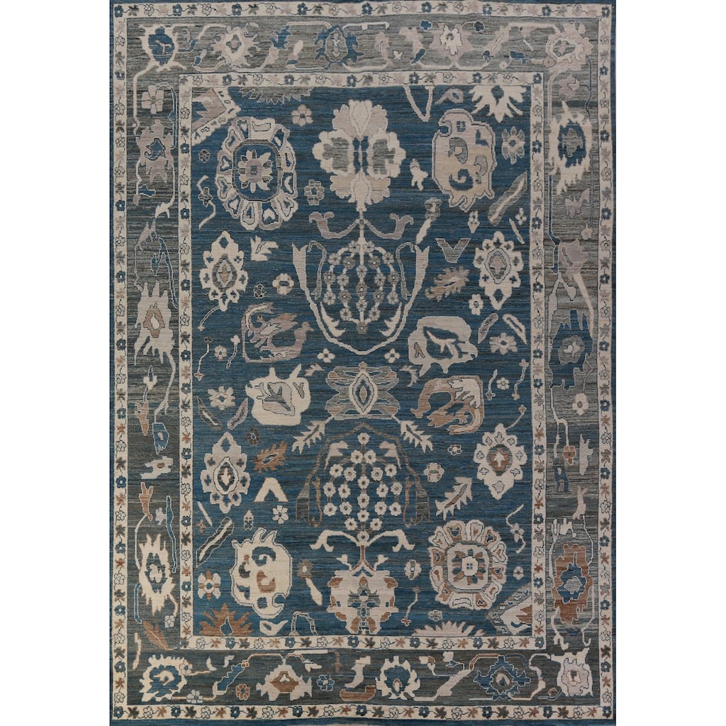 Hand Knotted Oriental 100% Wool Carpet Transitional All-Over Navy Blue & Blues Oushak Area Rug - 12' 4'' X 8' 11''