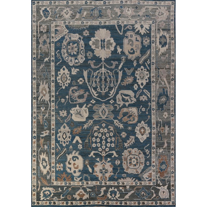 Hand Knotted Oriental 100% Wool Carpet Transitional All-Over Navy Blue & Blues Oushak Area Rug - 12' 4'' X 8' 11''