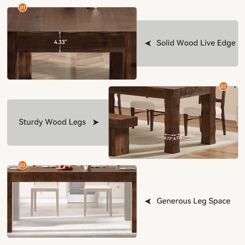 Solid Wood 63" Rectangular Dining Table for 4-6 - 31.5" D x 63" W x 29.92" H