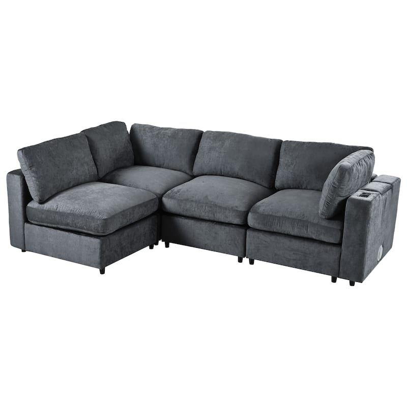 Modular Sofa with Charging Ports & Bluetooth Speaker, 4 Seat Straight Row Sectional Sofa Convertible L-Shaped Sleeper Couch