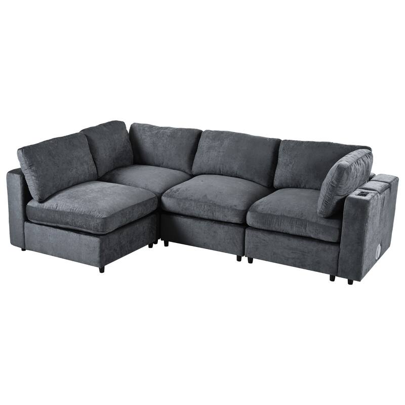 Modular Upholstered Sectional Sofa with Storage Space, USB Charge Ports, Wireless Charging and Built-in Bluetooth Speaker in Arm