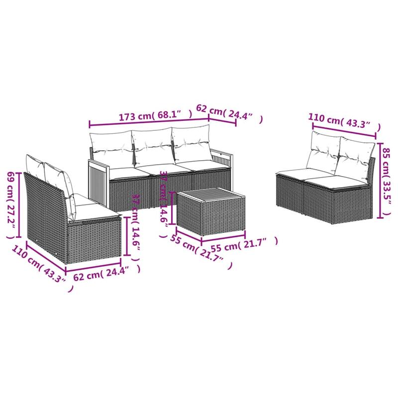 vidaXL 7 Piece Patio Sofa Set with Cushions Black Poly Rattan