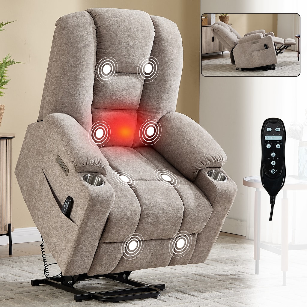 Power Lift Recliner Chair with Massage Heat USB Type C Ports and Cup Holders