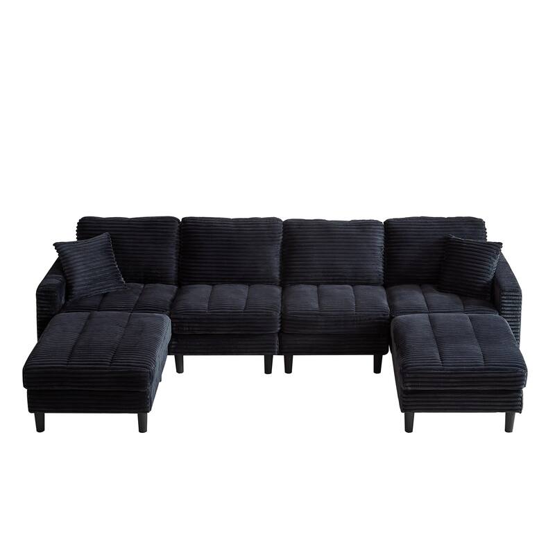 122.5" Corduroy U-Shaped Sectional Sofa with Ottomans & Pillows