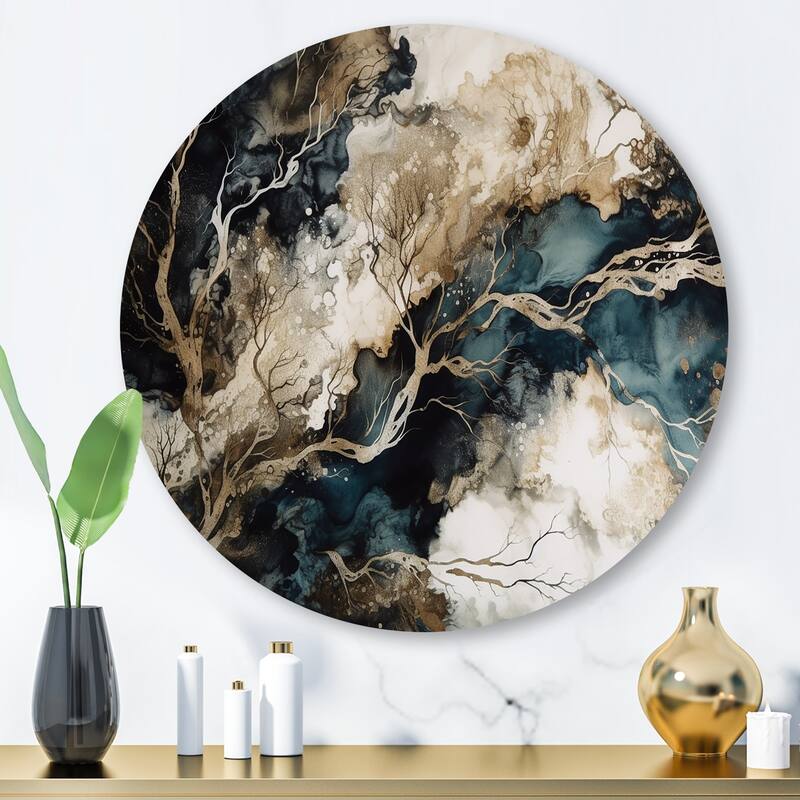 Designart "Blue Beige Marbled Dreamscape I" Modern Geometric Metal Round Wall Art - 29x29 - Disc of 29 Inch