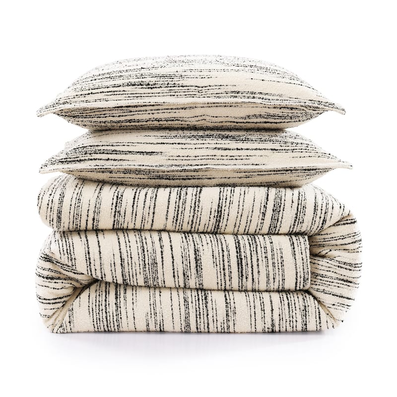HiEnd Accents Cosmo Ivory/Black Bouclé Stripes Modern Contemporary 3 Piece Duvet Cover Set