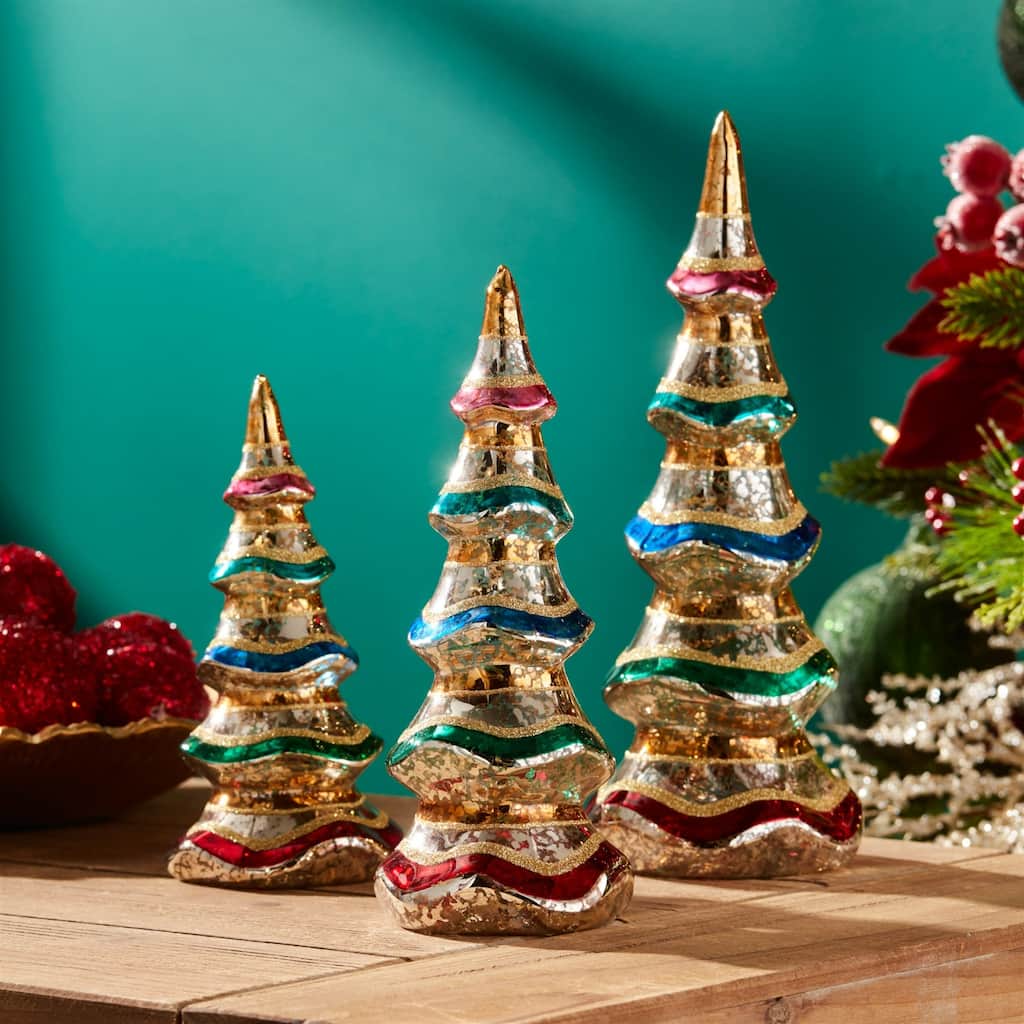 Mercury Glass Pine Christmas Tree Decoration - 11.5" - Multicolor - Set of 3