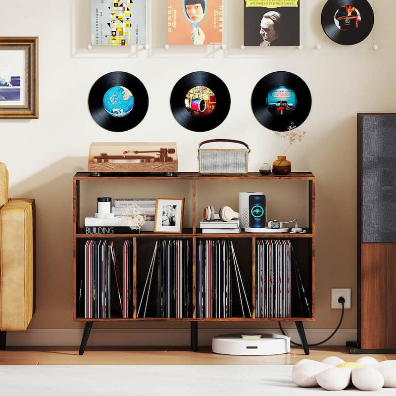 Costway Record Player Stand with Charging Station Open Shelves & - See Details