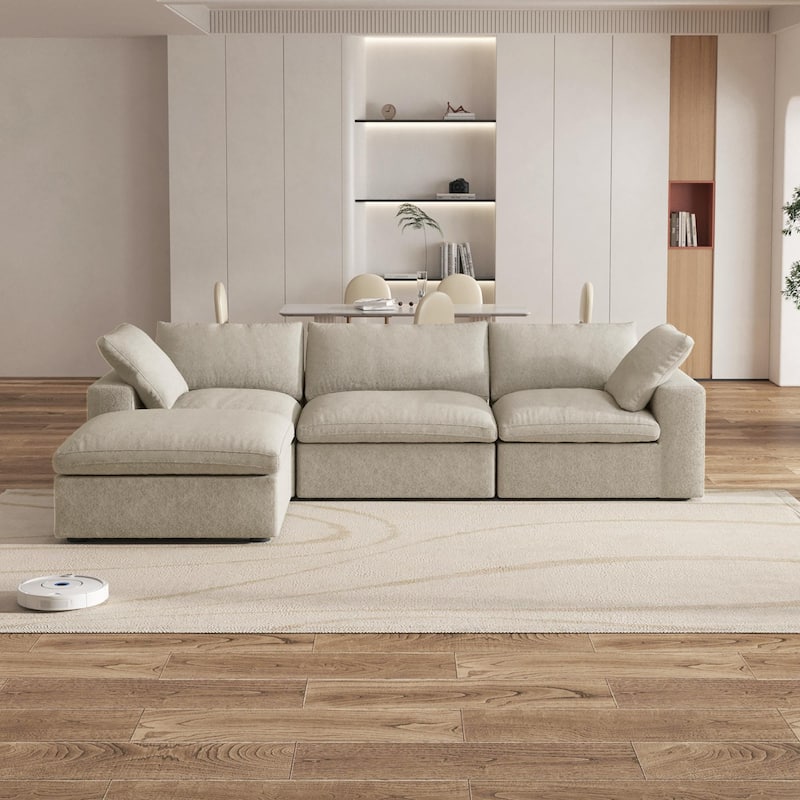 Modern Down Filled Modular 4 Piece Sectional Sofa L-shape Linen Upholstered Couch with Storage Ottoman - Khaki