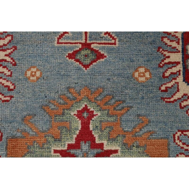 Light Blue Geometric Kazak Rug Handmade Traditional Wool Carpet - 3'0" x 4'11"
