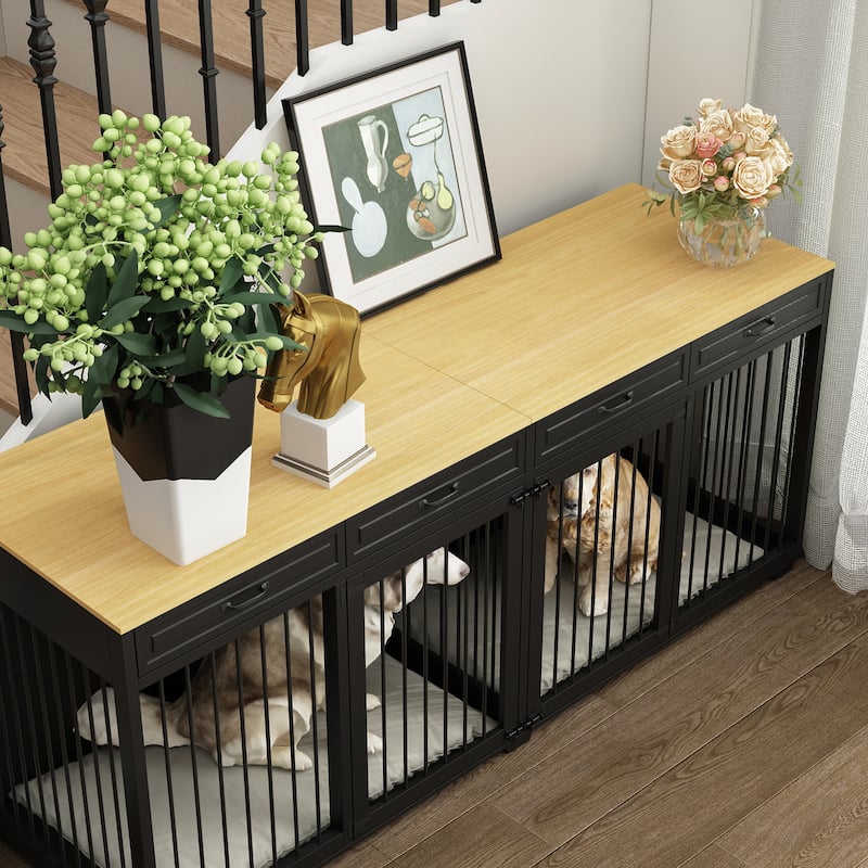 Wooden Dog Crate Kennel with 4 Drawers,Divides for 2 Large Dogs Indoor