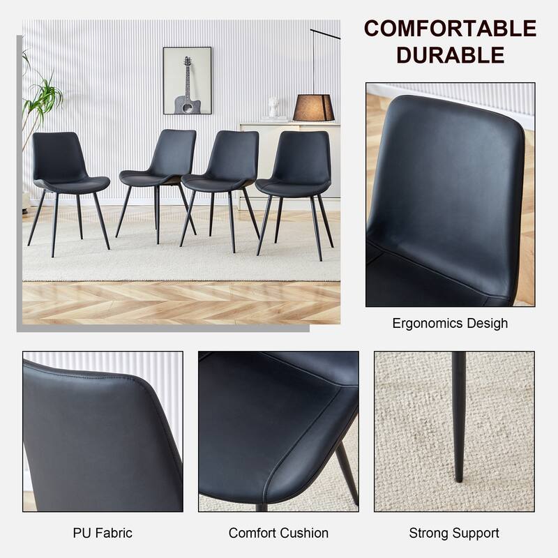Set of 4 Black artificial leather backrest cushion dining chair, black metal legs, curved widened cushion design