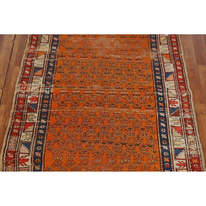 Hand Knotted Oriental 100% Wool Carpet Traditional Geometric Oranges & Rust Caucasian Runner Rug - 9' 3'' X 4' 0''