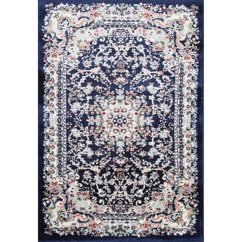 Navy Blue Floral Medallion Transitional Turkish Rug Oriental Carpet
