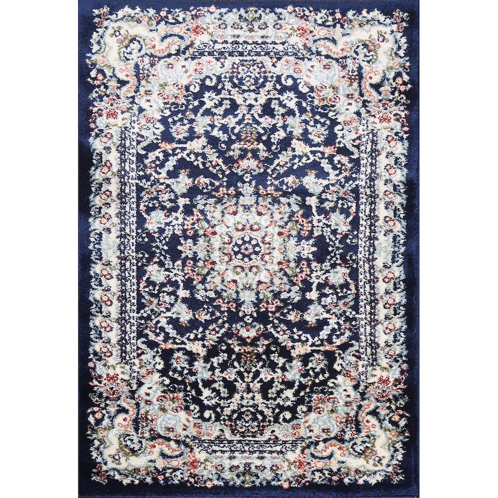 Navy Blue Floral Medallion Transitional Turkish Rug Oriental Carpet