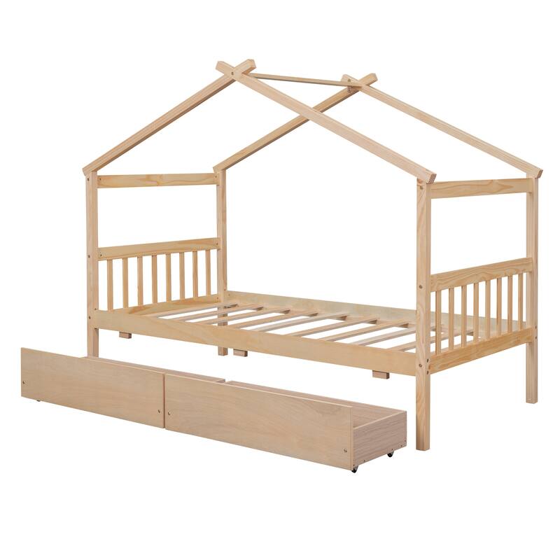 Wood Bed Children's House Platform Beds with Two Drawers, Roof, Included Headboards, Solid Wood Daybed, No Box Spring Needed